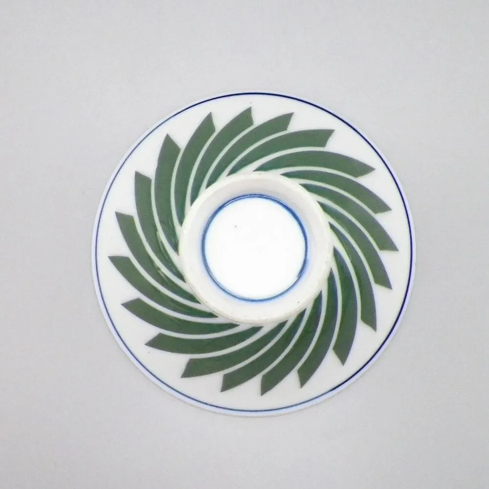 Japanese Ceramic Green Geometric Footed Rice Bowl with Spoon
